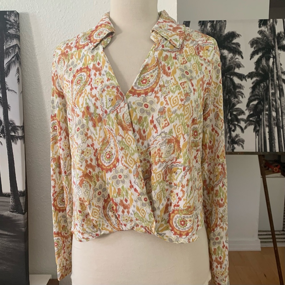 Christian Siriano Longsleeve V-Neck faux wrap top w/Ikat, paisley + floral print